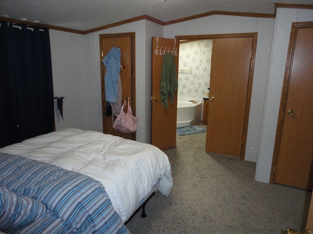 bedroom with carpet flooring, lofted ceiling, and ornamental molding