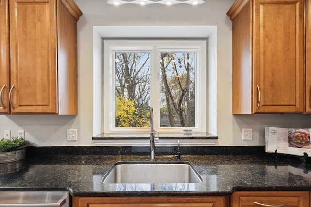 kitchen with dark stone countertops and sink