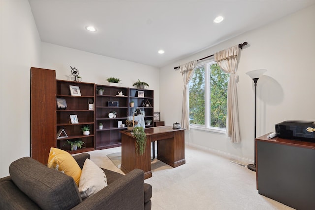 home office featuring light colored carpet