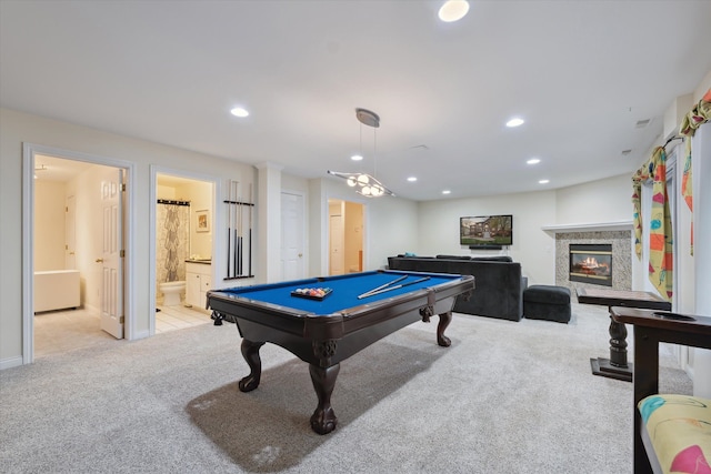 5750 Sunnycrest Dr, West Bloomfield, MI 48323 - recreation room with light carpet, pool table, recessed lighting, a premium fireplace, and baseboards