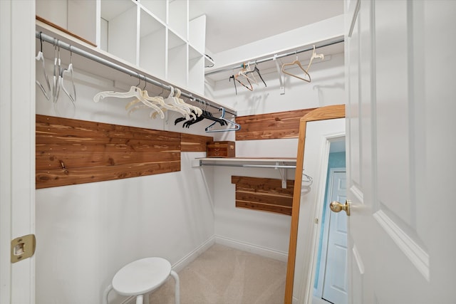 spacious closet featuring light colored carpet