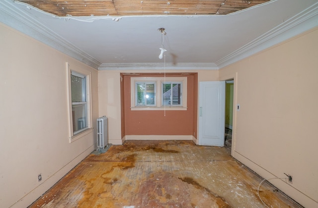 spare room with crown molding and radiator