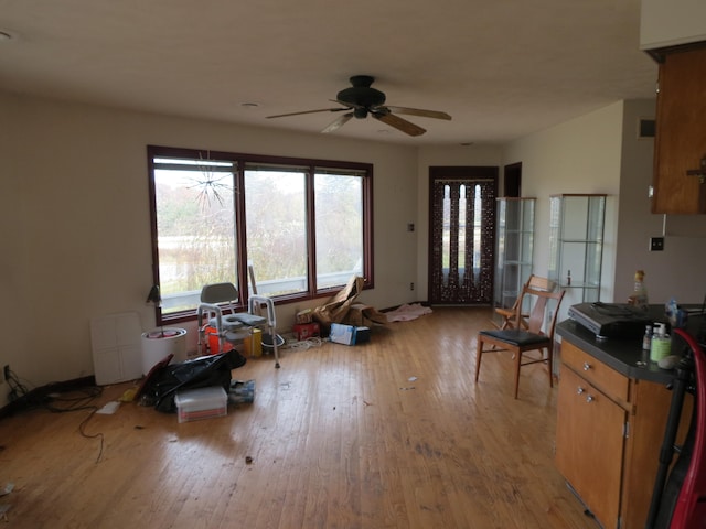 kitchen with ceiling fan and light hardwood / wood-style floors