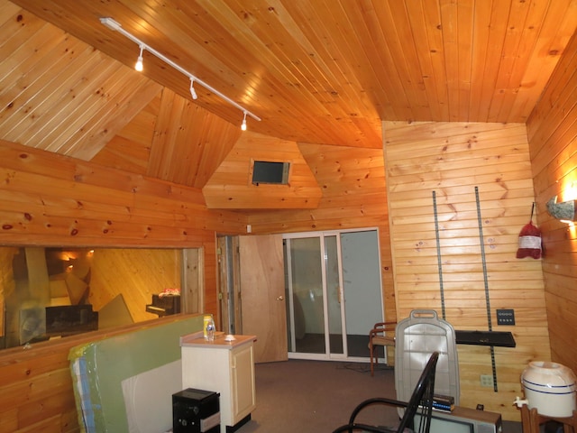 workout area with track lighting, wooden walls, and vaulted ceiling