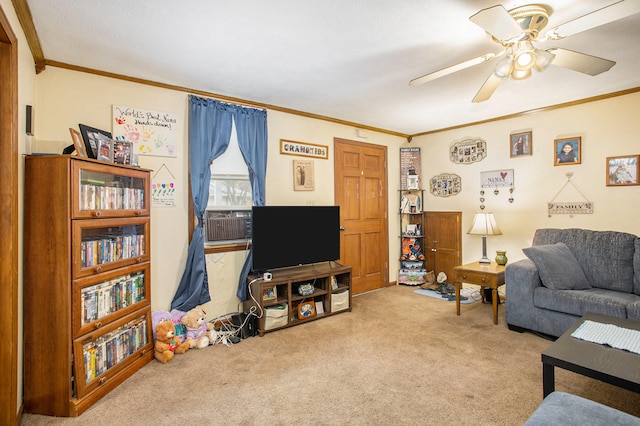 carpeted living room with ceiling fan, cooling unit, and ornamental molding