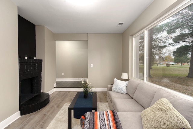 living room featuring a fireplace and light wood-type flooring