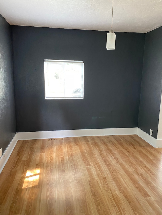 empty room with a textured ceiling and light hardwood / wood-style floors