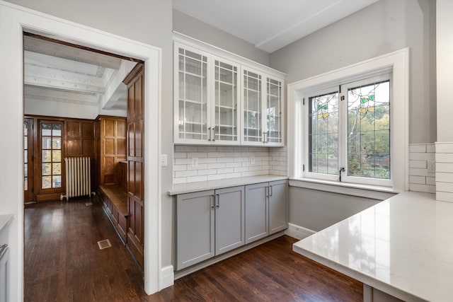 kitchen featuring radiator, a wealth of natural light, dark hardwood / wood-style flooring, and gray cabinets