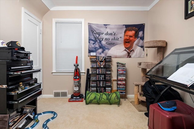 miscellaneous room with carpet floors and crown molding