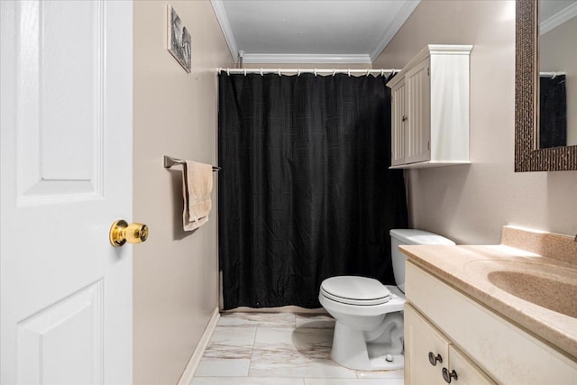 bathroom featuring vanity, toilet, and ornamental molding