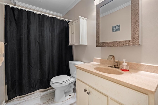 bathroom featuring vanity, toilet, and ornamental molding