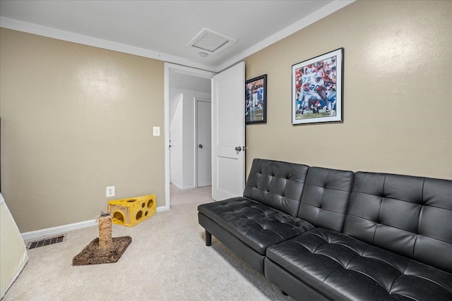 living room with light carpet and crown molding