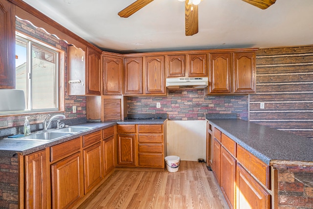 kitchen with decorative backsplash, sink, ceiling fan, and light hardwood / wood-style floors