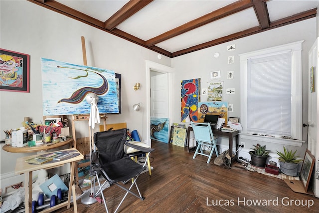 home office with beam ceiling and dark parquet flooring