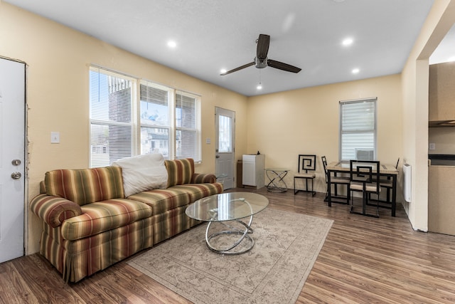 living room with ceiling fan and hardwood / wood-style floors