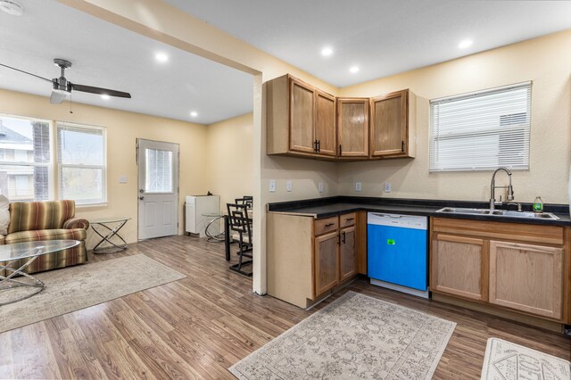 5393 Seebaldt St, Detroit, MI 48204 - kitchen with dishwasher, a sink, a ceiling fan, wood finished floors, and dark countertops