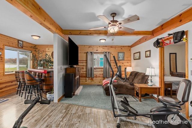 living room with wooden walls, light hardwood / wood-style flooring, beamed ceiling, and a healthy amount of sunlight