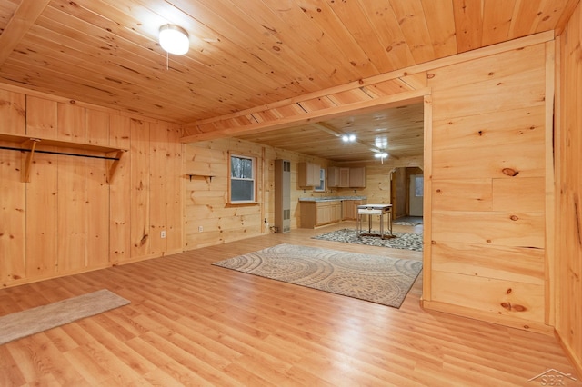 interior space featuring beam ceiling, wooden walls, light hardwood / wood-style flooring, and wooden ceiling