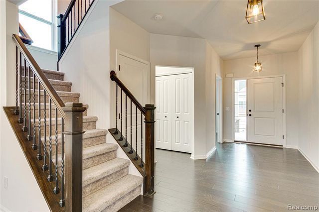 entrance foyer with dark hardwood / wood-style flooring and a healthy amount of sunlight