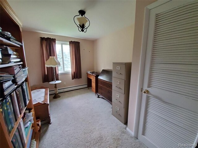 home office with light colored carpet and baseboard heating