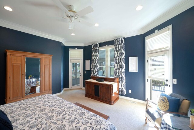 bedroom with access to outside, ceiling fan, crown molding, and light colored carpet