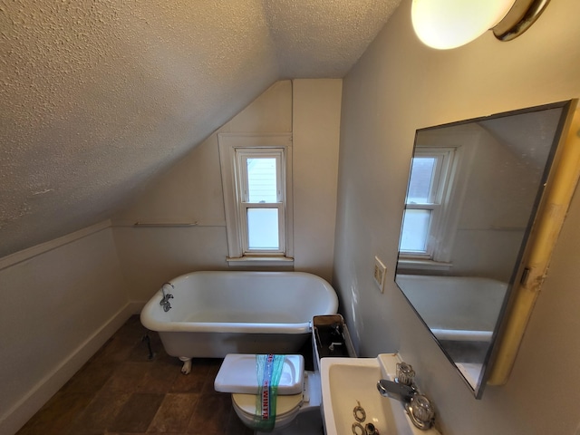 bathroom with a washtub, wood-type flooring, a textured ceiling, and vaulted ceiling