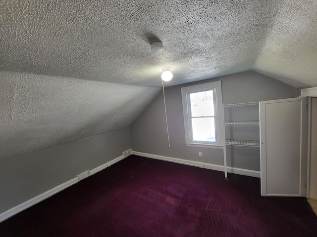 additional living space with dark carpet, a textured ceiling, and vaulted ceiling