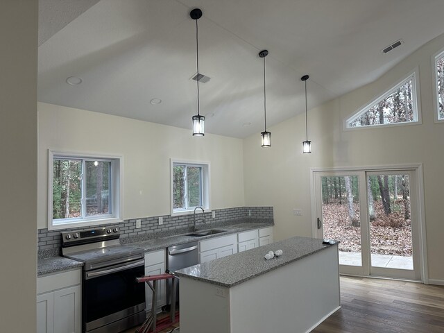 1820 S Reid Rd, Custer, MI 49405 - kitchen with stainless steel appliances, a sink, healthy amount of natural light, decorative backsplash, and high vaulted ceiling