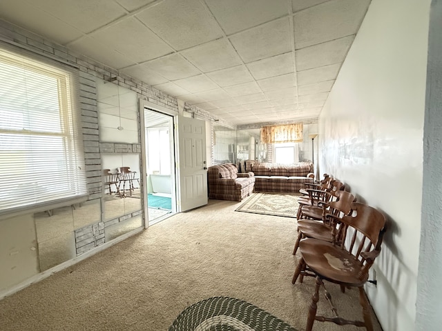 miscellaneous room featuring a paneled ceiling and carpet