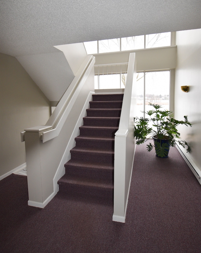 stairs featuring carpet flooring and a textured ceiling