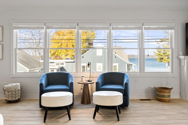 living area featuring a water view, light hardwood / wood-style flooring, and a wealth of natural light