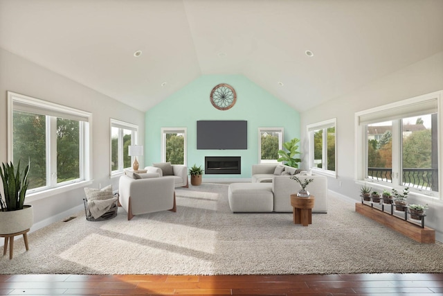 living room with hardwood / wood-style floors, a healthy amount of sunlight, and high vaulted ceiling