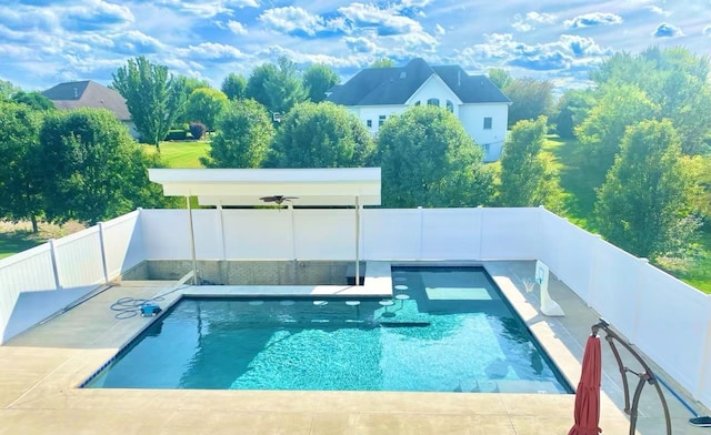 view of pool featuring a patio area and ceiling fan