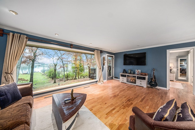 living room with hardwood / wood-style floors and ornamental molding