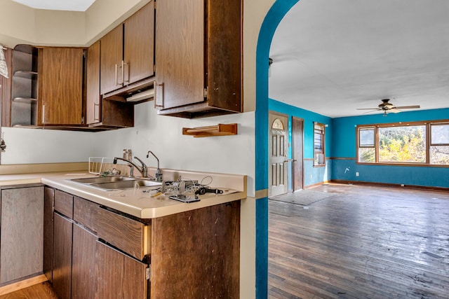 kitchen with light hardwood / wood-style flooring, ceiling fan, and sink