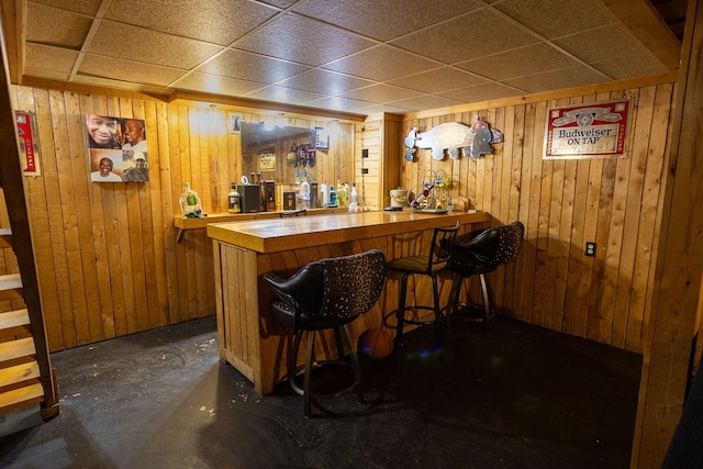 bar featuring a paneled ceiling and wooden walls