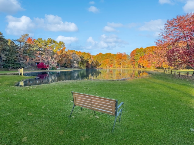 view of property's community with a water view and a yard