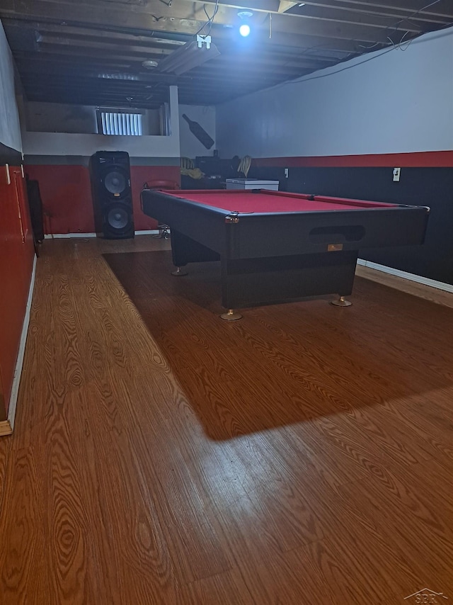 recreation room with wood-type flooring and billiards