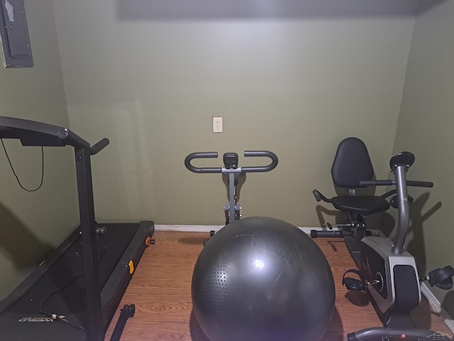 exercise room featuring wood-type flooring and electric panel