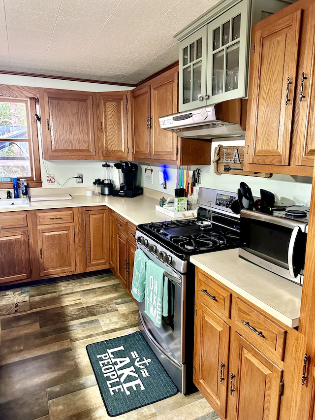 kitchen featuring appliances with stainless steel finishes, a textured ceiling, ventilation hood, and hardwood / wood-style flooring