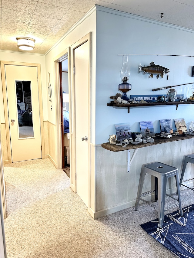 bar featuring carpet flooring and crown molding