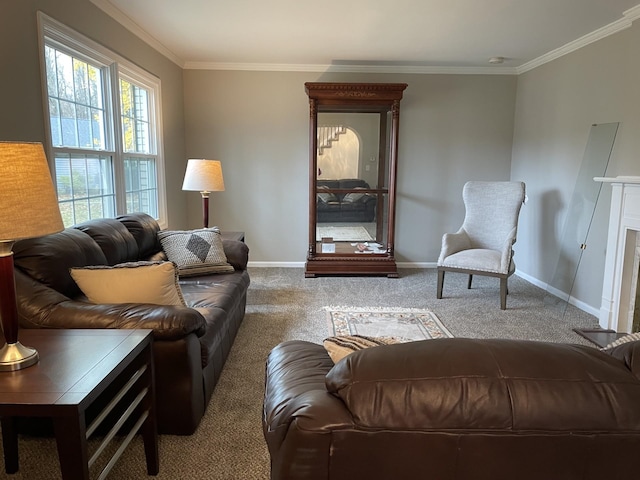 living room featuring carpet, a fireplace, and crown molding