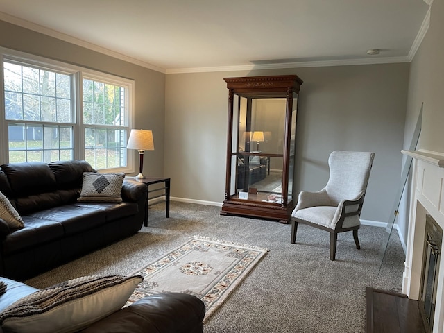 living room featuring carpet and ornamental molding