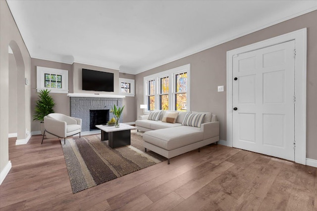 living room featuring crown molding, a fireplace, light hardwood / wood-style floors, and a wealth of natural light