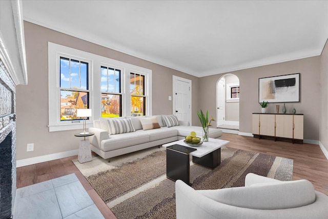 living room featuring crown molding, wood-type flooring, and a fireplace