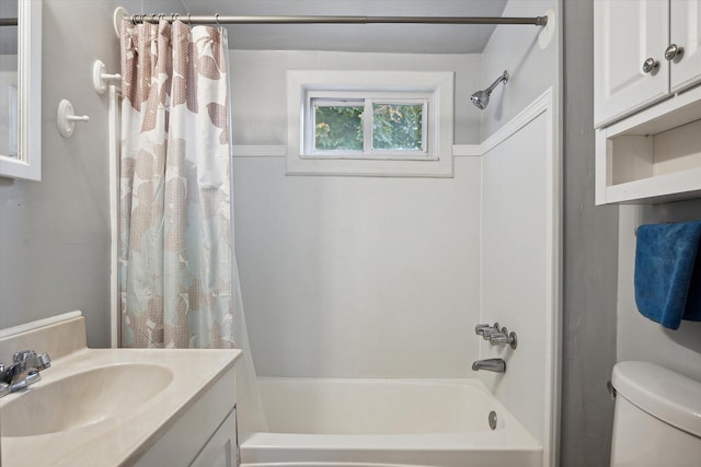 full bathroom with vanity, toilet, and shower / bathtub combination with curtain