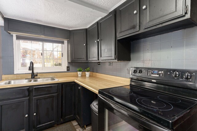 kitchen featuring a textured ceiling, sink, and black range with electric cooktop