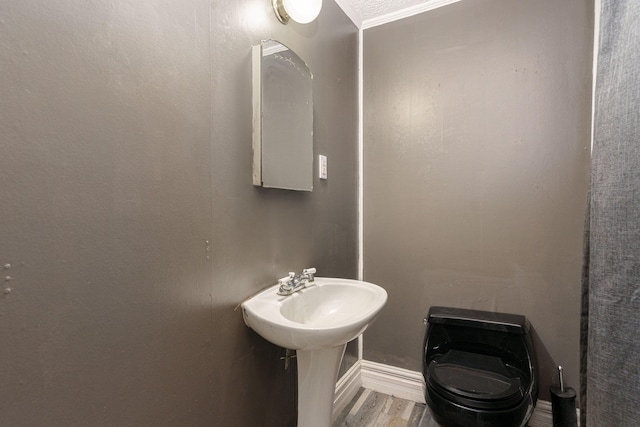 bathroom with a textured ceiling, sink, wood-type flooring, and ornamental molding