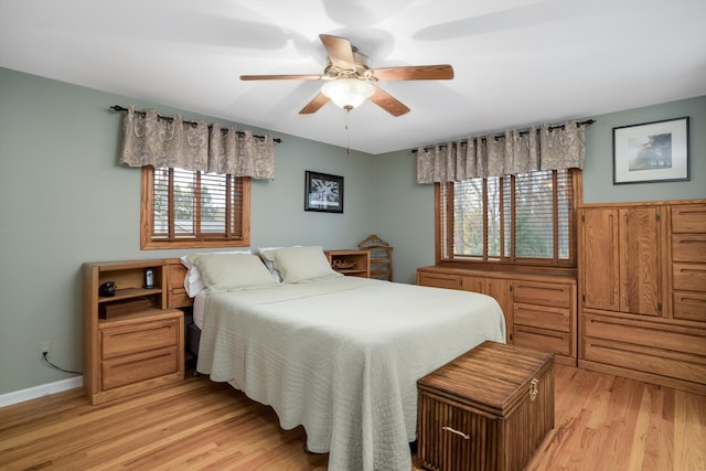 bedroom featuring light hardwood / wood-style flooring and ceiling fan