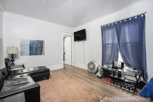 living room featuring hardwood / wood-style floors and crown molding